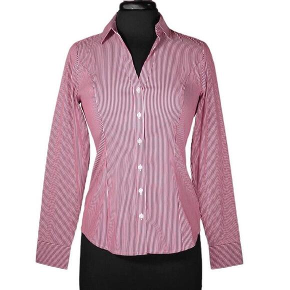 Express Women's Shirt Button Up Red White Striped V-Neck Stretch Classic Top M - Picture 1 of 9